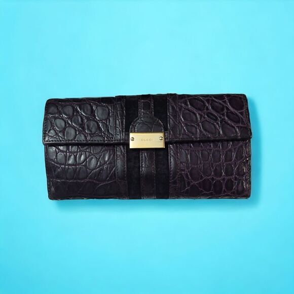 Gucci Aubergine Crocodile Skin Long Wallet GUC with Dust Bag RARE - Picture 1 of 12